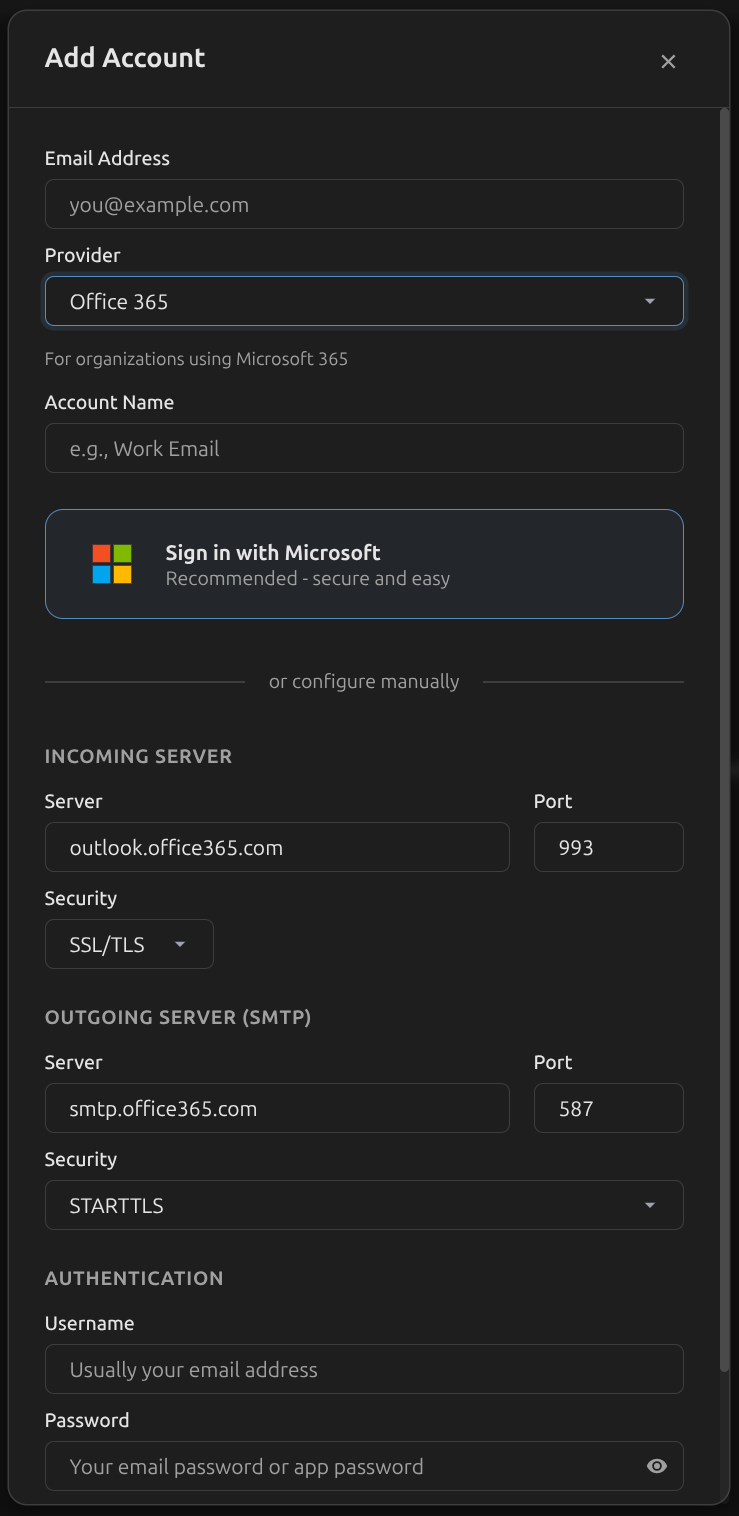 Box account setup with provider presets for Gmail, Outlook, ProtonMail, and more