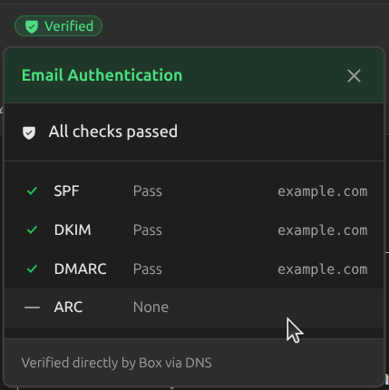 Email authentication popover showing SPF, DKIM, and DMARC all passing