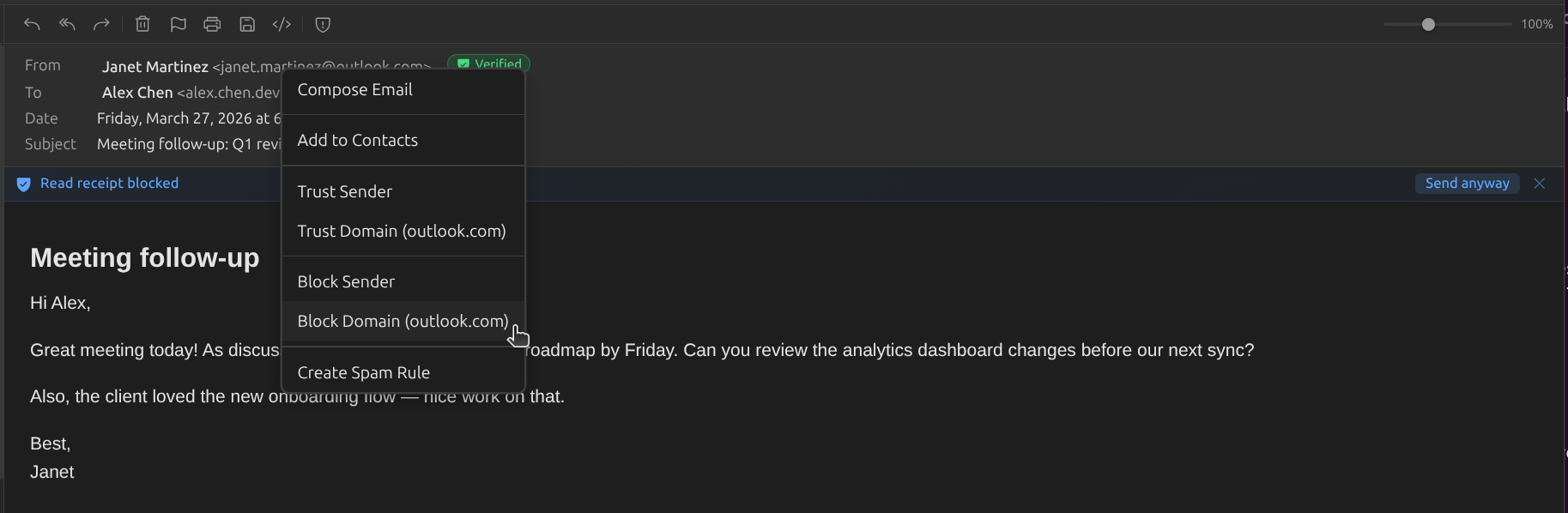 Sender Actions popover with Block by Sender or Domain options