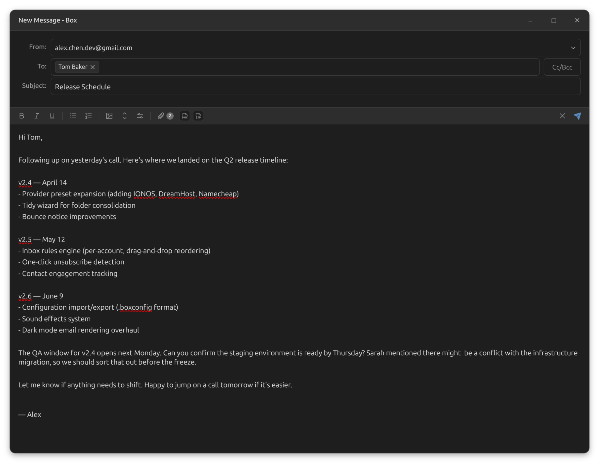 Box compose window with rich text editor, formatting toolbar, and inline reply