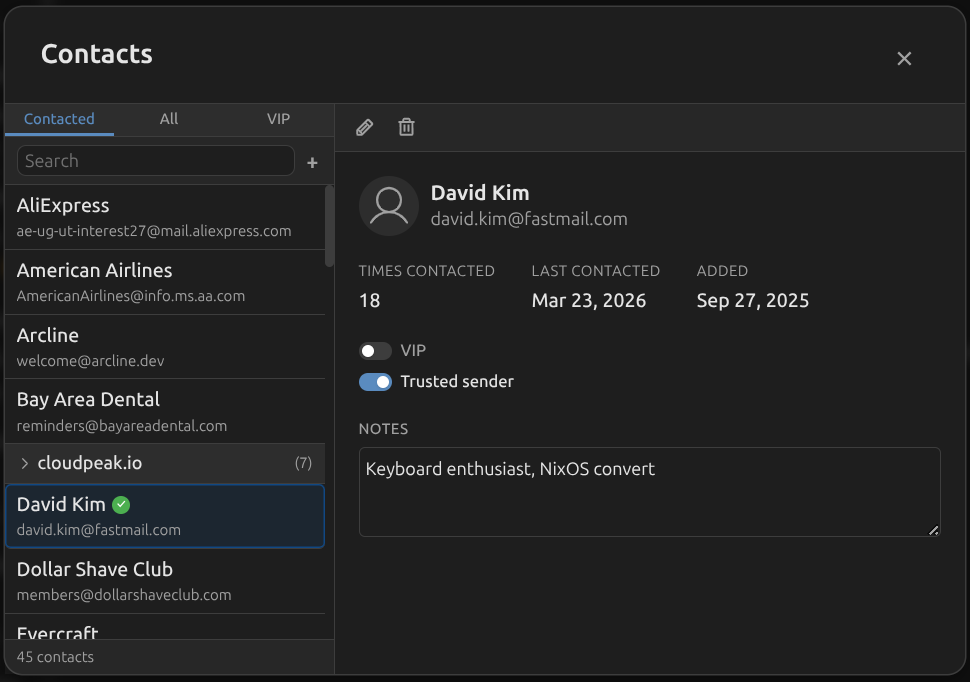 Box contacts manager with VIP tab, engagement tracking, and domain grouping