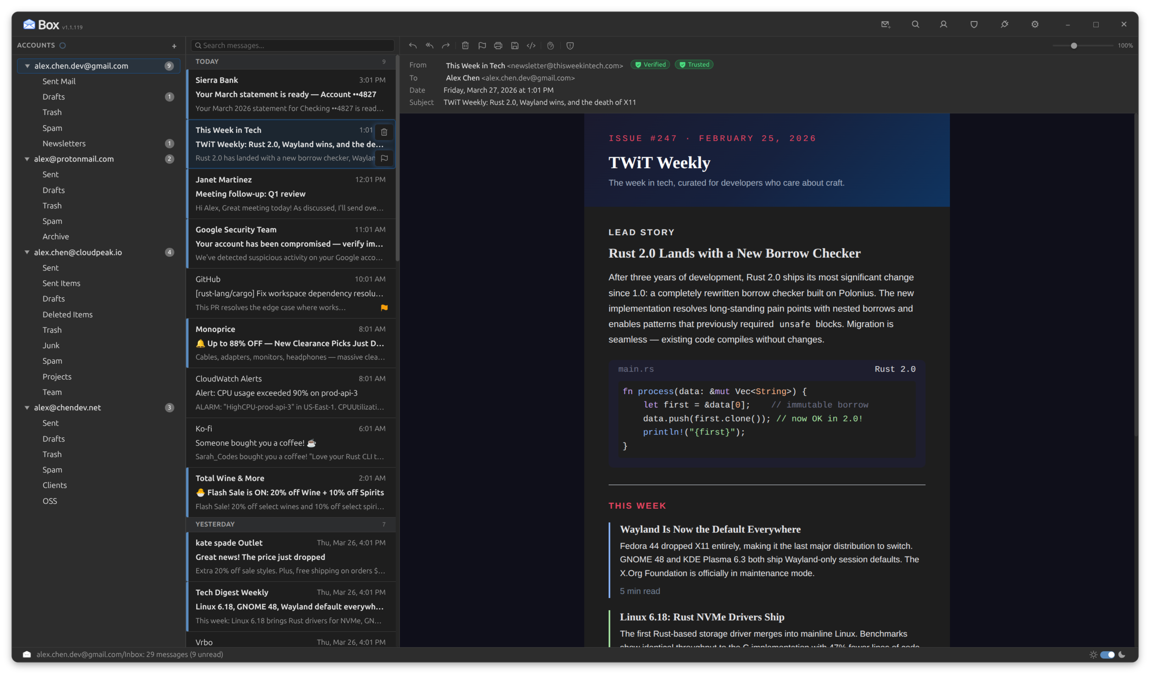 Box three-pane layout with multiple accounts and folder management
