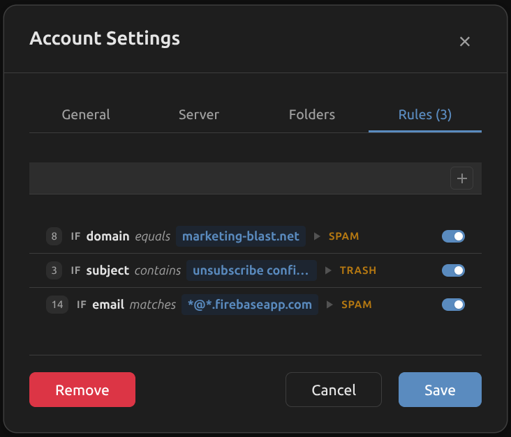 Box inbox rules with drag-and-drop reordering and hit counters