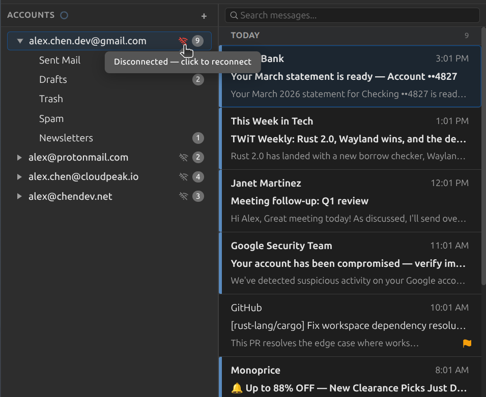 Box showing offline mode with disconnected accounts and cached drafts