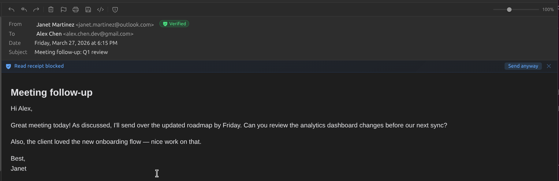 Read receipt blocked notification with Send anyway option
