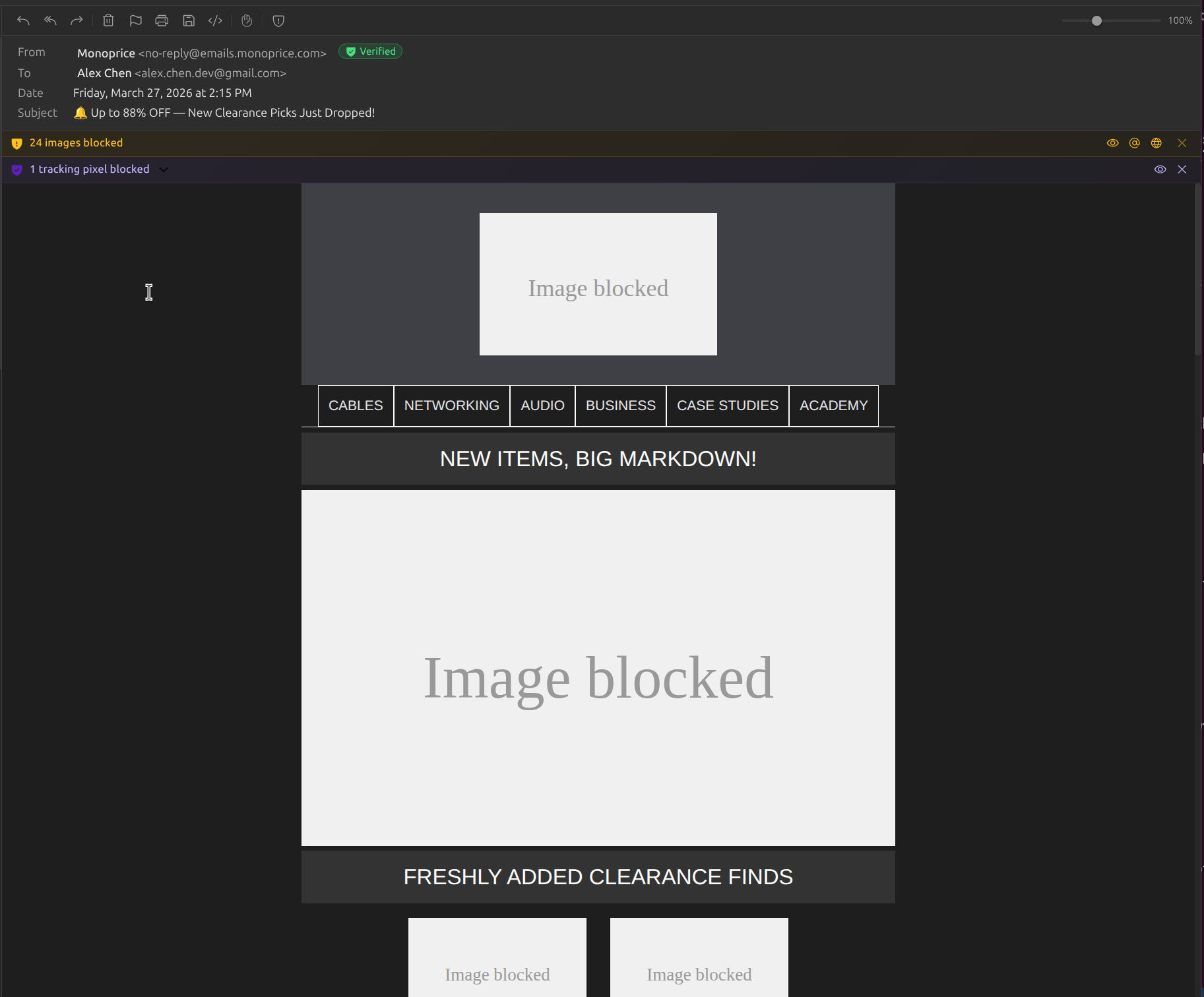 Email with 28 remote images blocked and tracking pixels detected