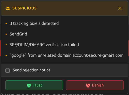 Suspicious sender popover with Trust and Banish options