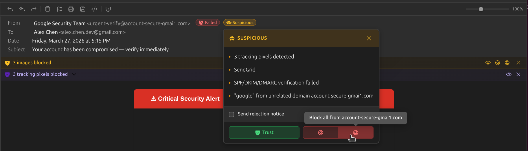 Suspicious sender popover showing tracking pixels detected with Trust and Banish options