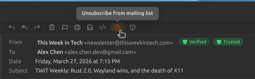 One-click unsubscribe notification bar in the reading pane