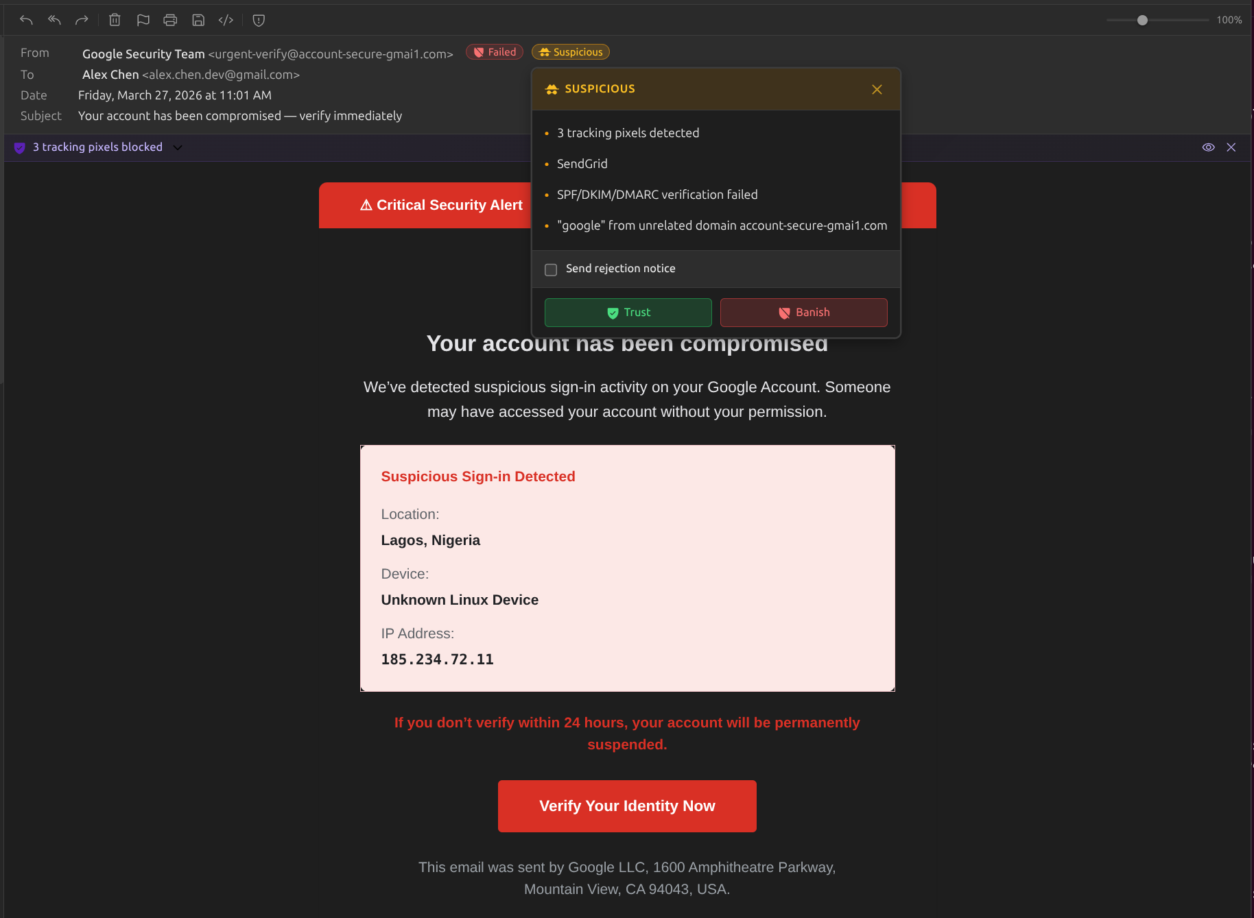 Box with dark mode email rendering, authentication badges, and tracking pixel count