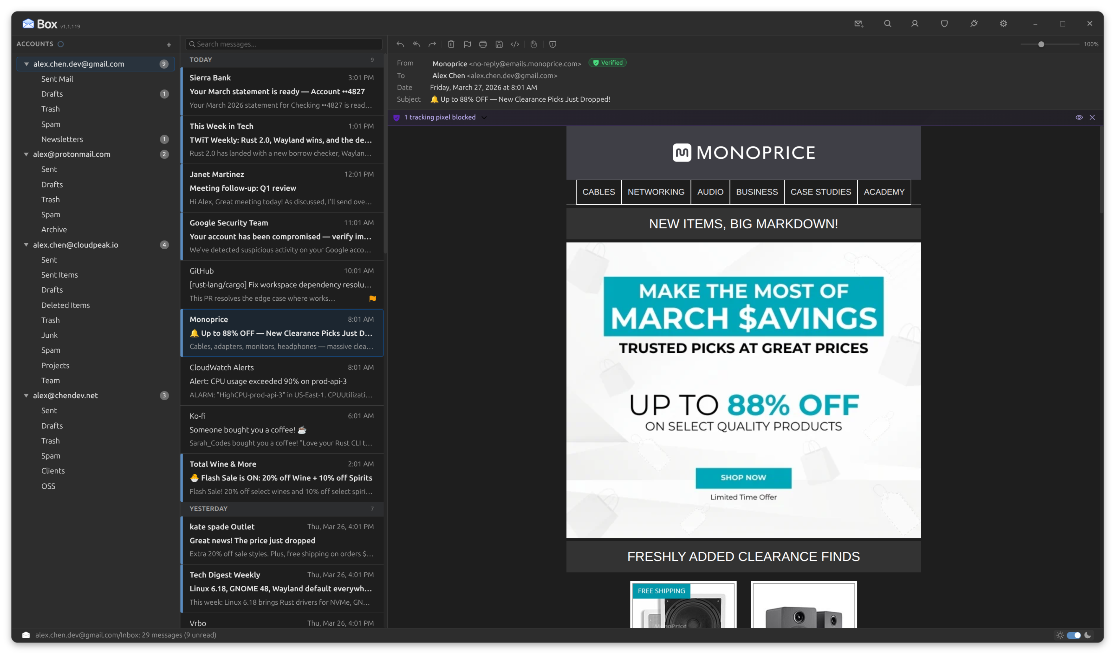 Box with multiple email accounts in a single clean interface, no ads